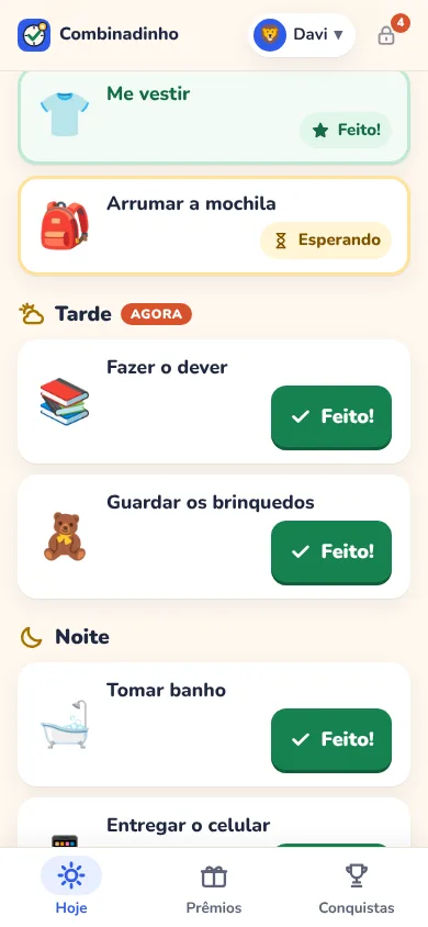 Botões verdes Feito! ao lado de cada tarefa, e uma tarefa já marcada como Feito! com estrela.