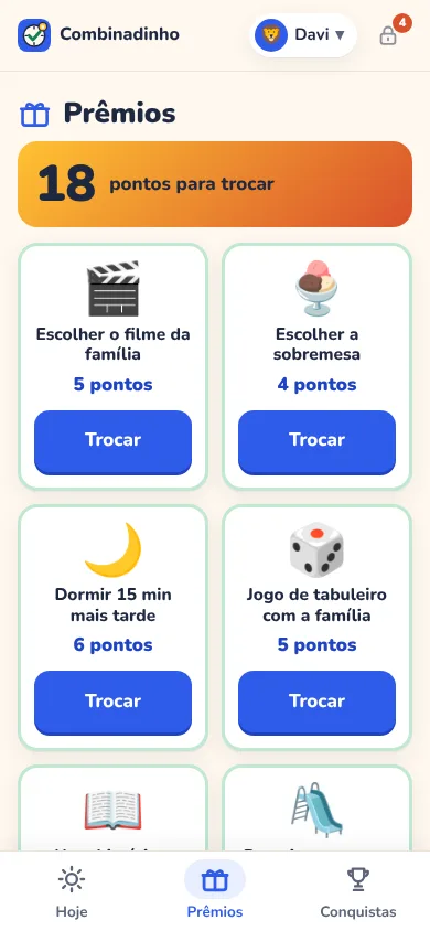 Lojinha de prêmios com ideias como escolher o filme da família e a sobremesa, cada uma com seus pontos.