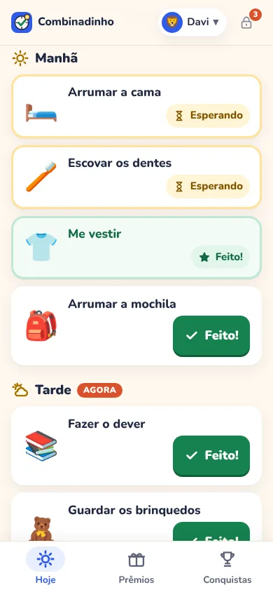 Lista de tarefas do Davi na tela Hoje, com as tarefas da tarde e da noite.